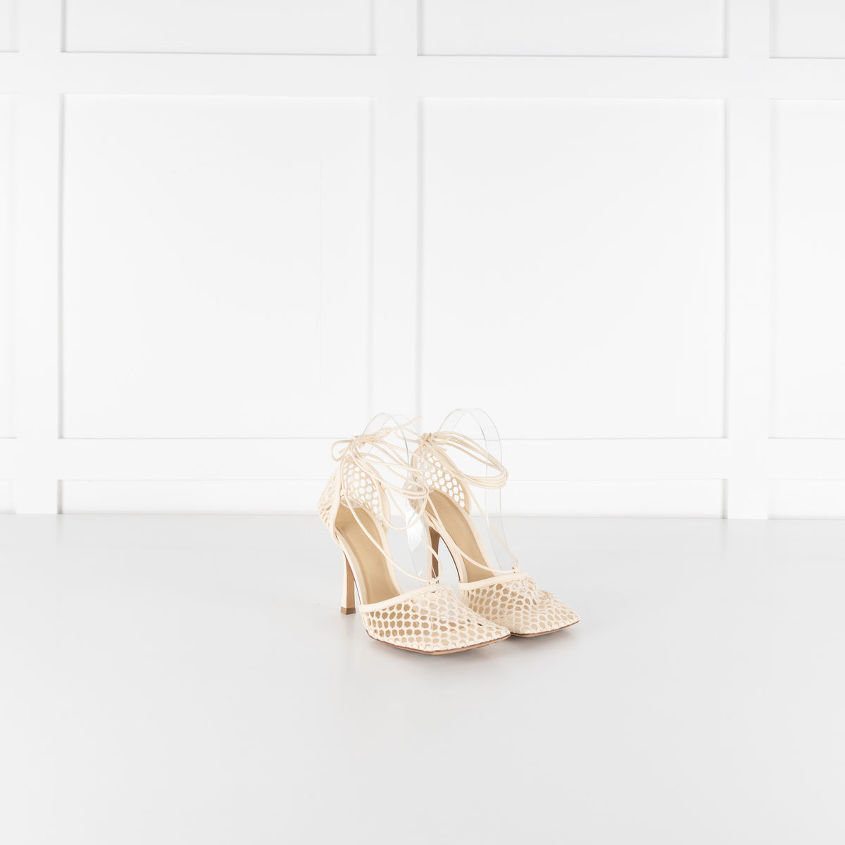 Bottega Veneta Cream Crochet Strappy Heels with Square Toe