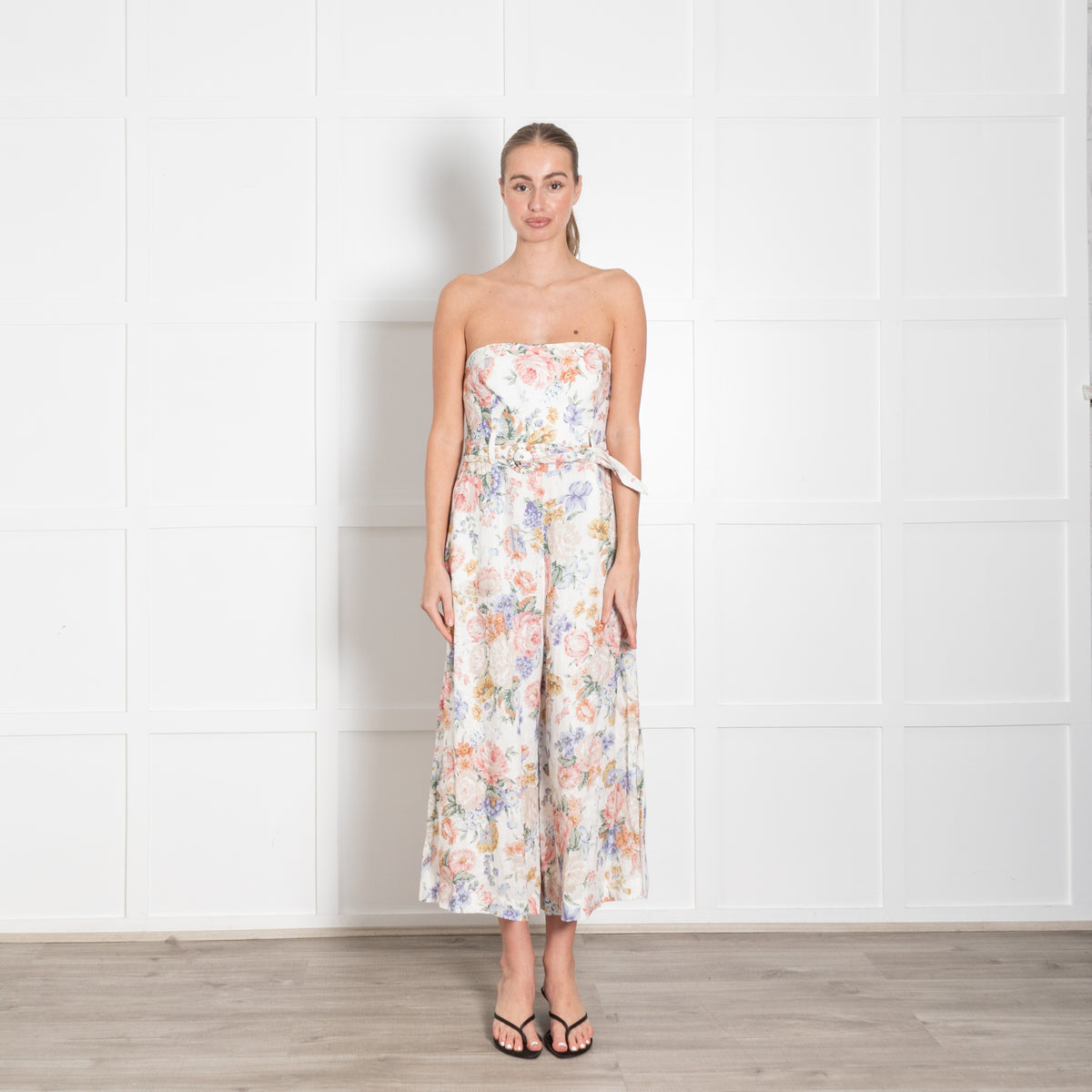 Zimmermann Cream Multi Colour Bowie Linen Strapless Jumpsuit