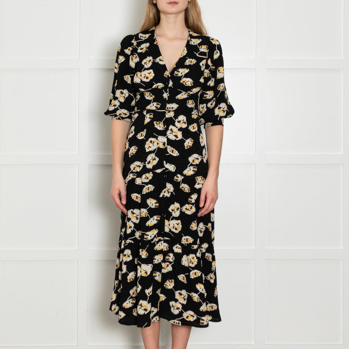 Ba&sh Black Cream Yellow Floral Button Up Front Dress