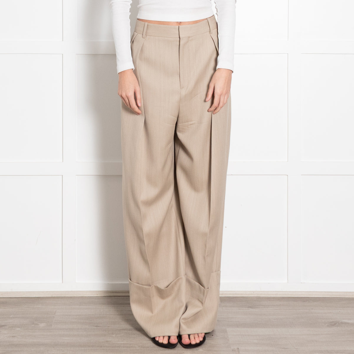 Victoria Beckham Beige Wide Leg Pleat Front Trouser With Turn Up