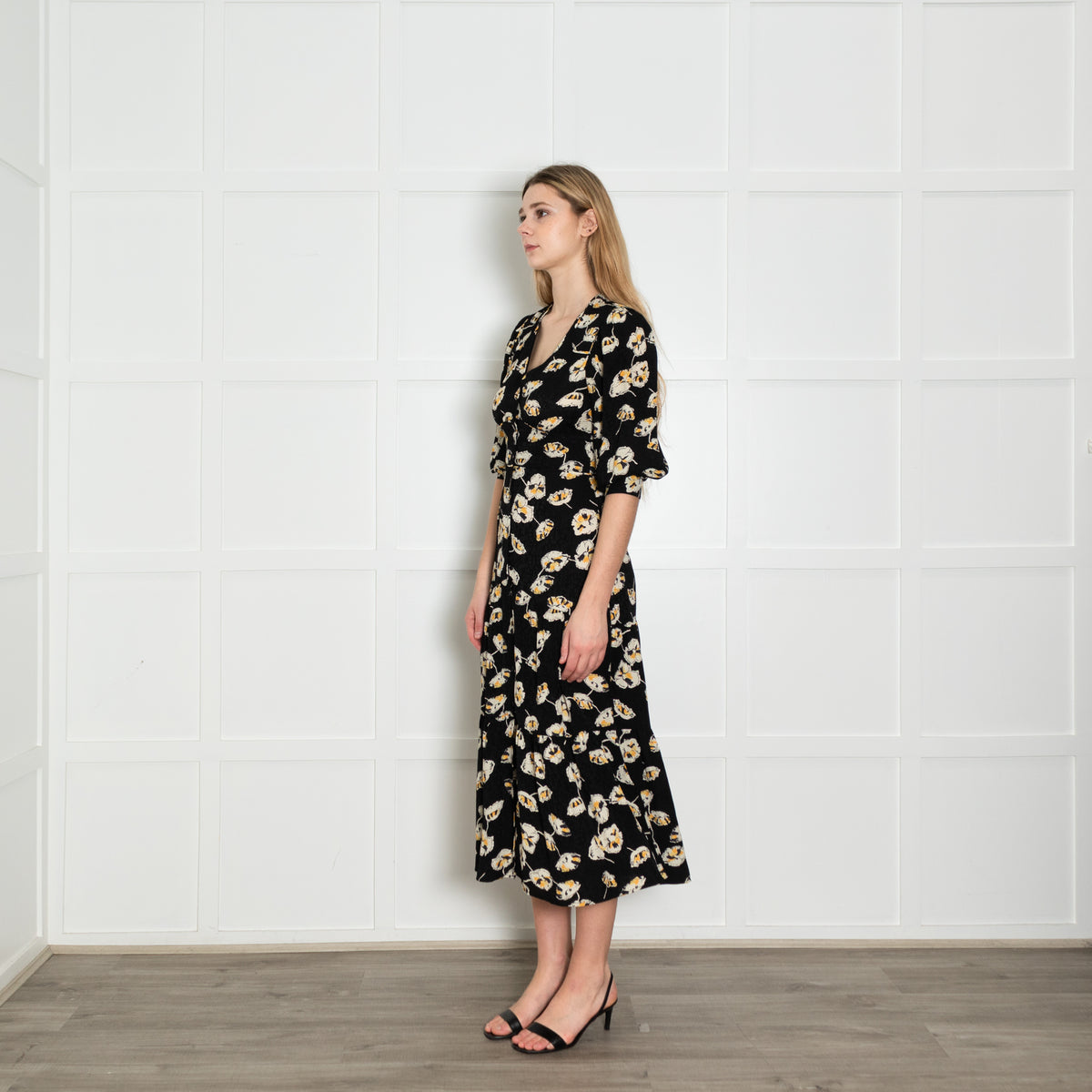 Ba&sh Black Cream Yellow Floral Button Up Front Dress