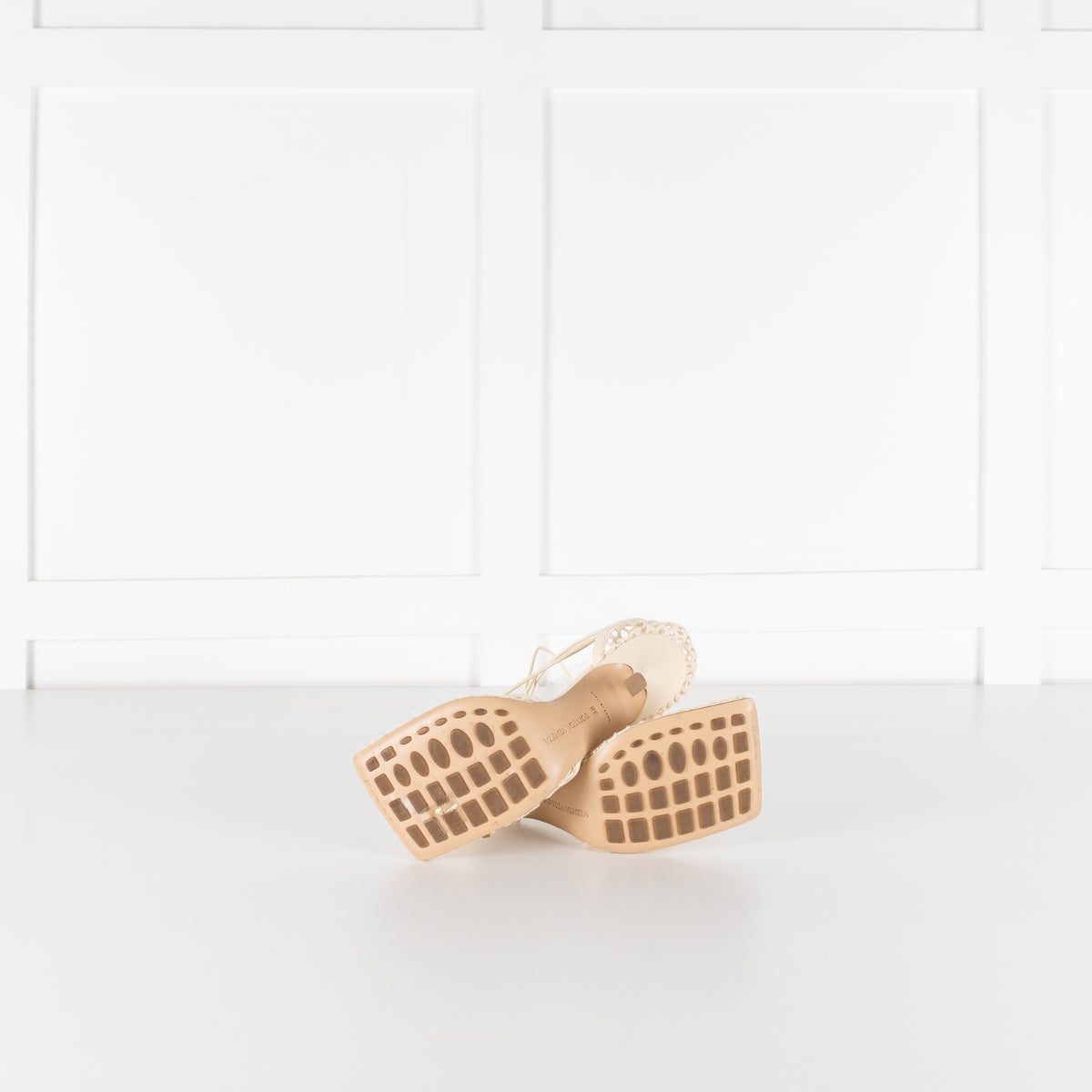 Bottega Veneta Cream Crochet Strappy Heels with Square Toe