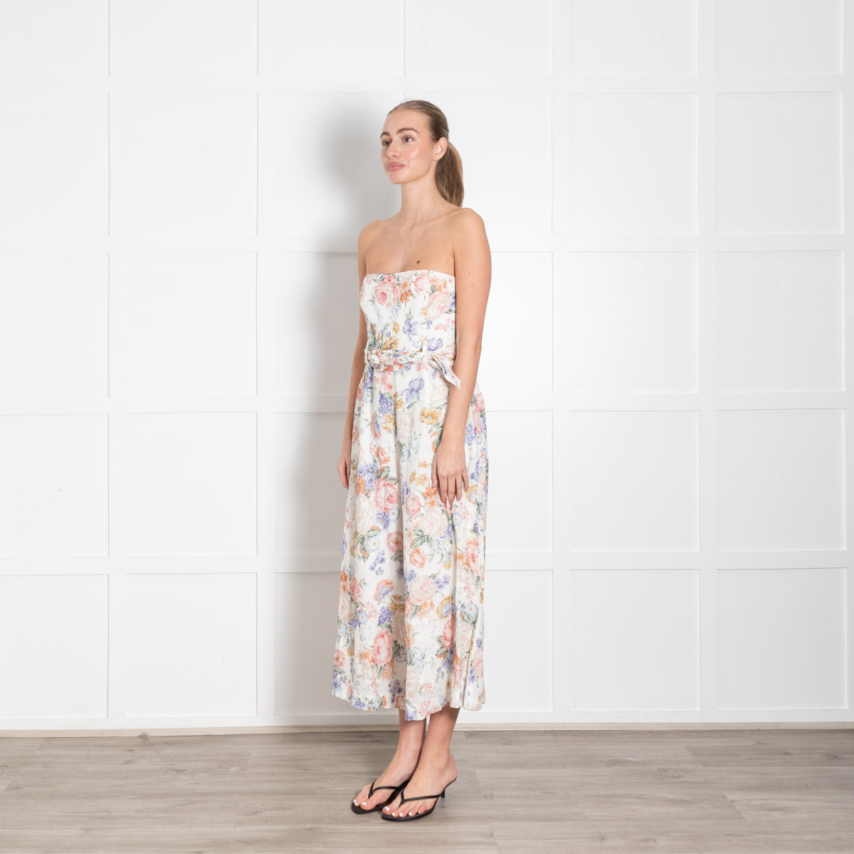 Zimmermann Cream Multi Colour Bowie Linen Strapless Jumpsuit