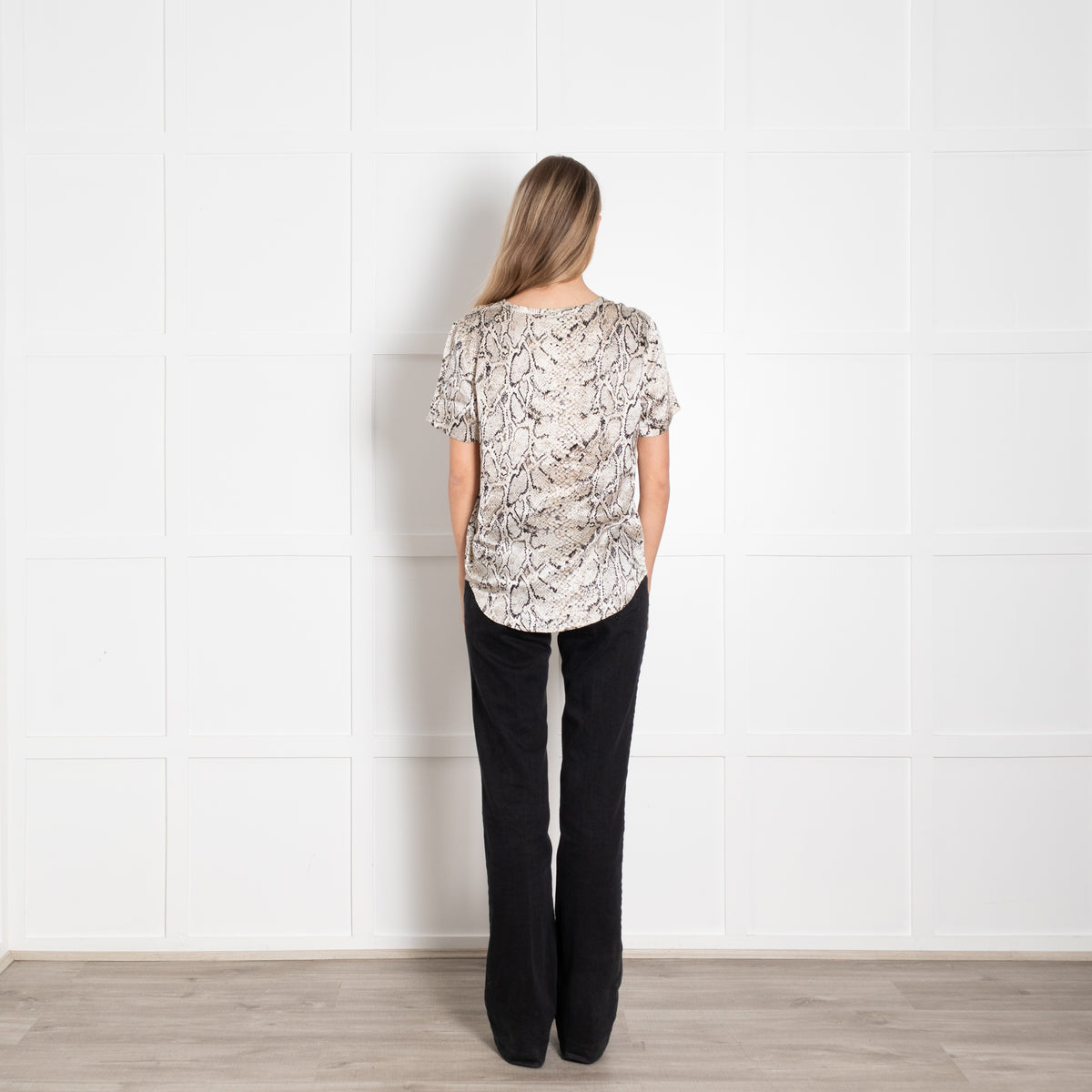 Equipment Cream Brown Silk Satin Snake Print Short Sleeve Top
