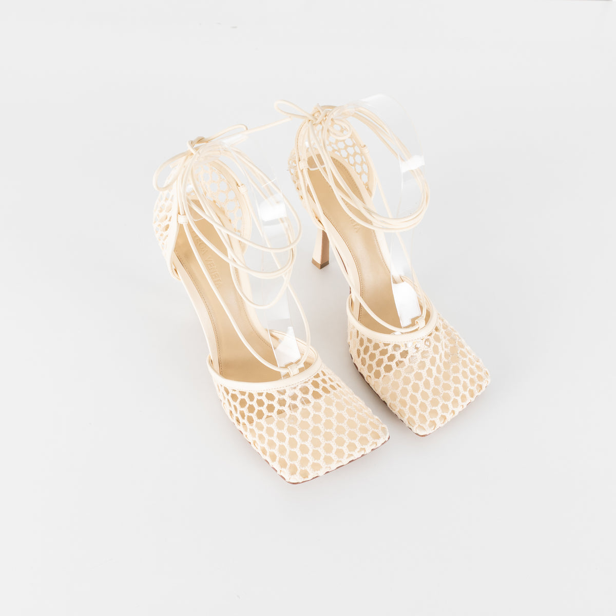 Bottega Veneta Cream Crochet Strappy Heels with Square Toe