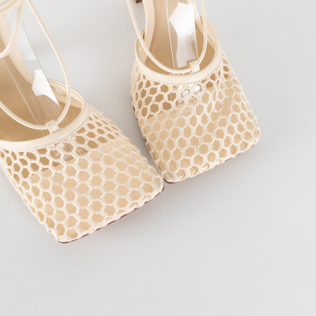 Bottega Veneta Cream Crochet Strappy Heels with Square Toe