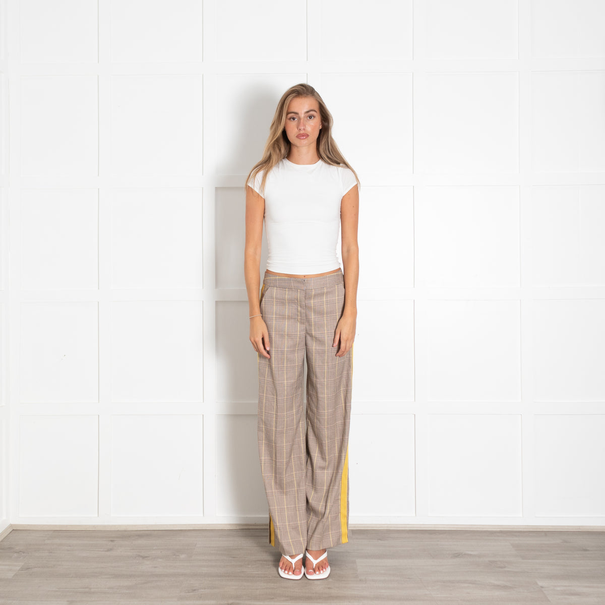 Me + Em Beige Yellow Check Trousers