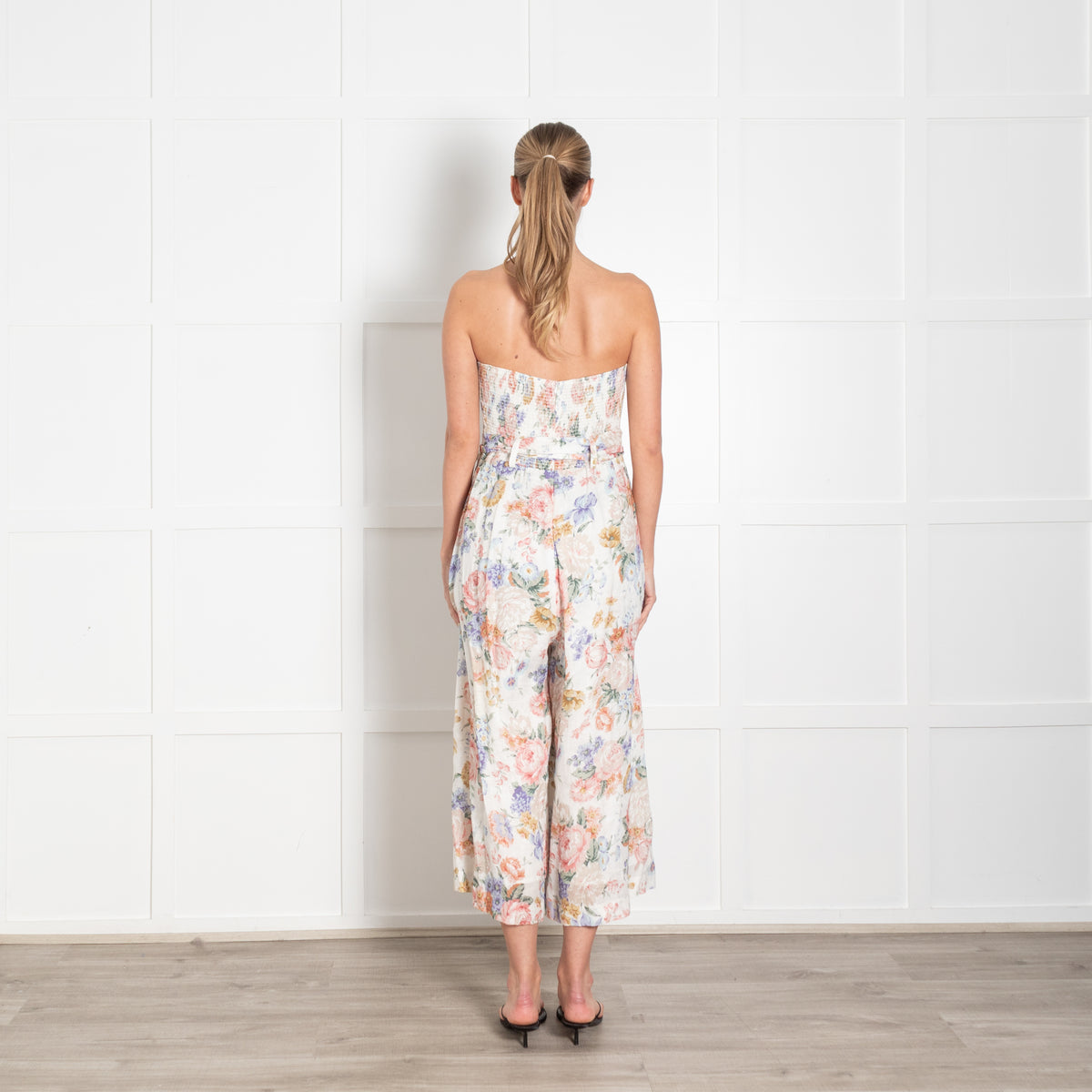 Zimmermann Cream Multi Colour Bowie Linen Strapless Jumpsuit