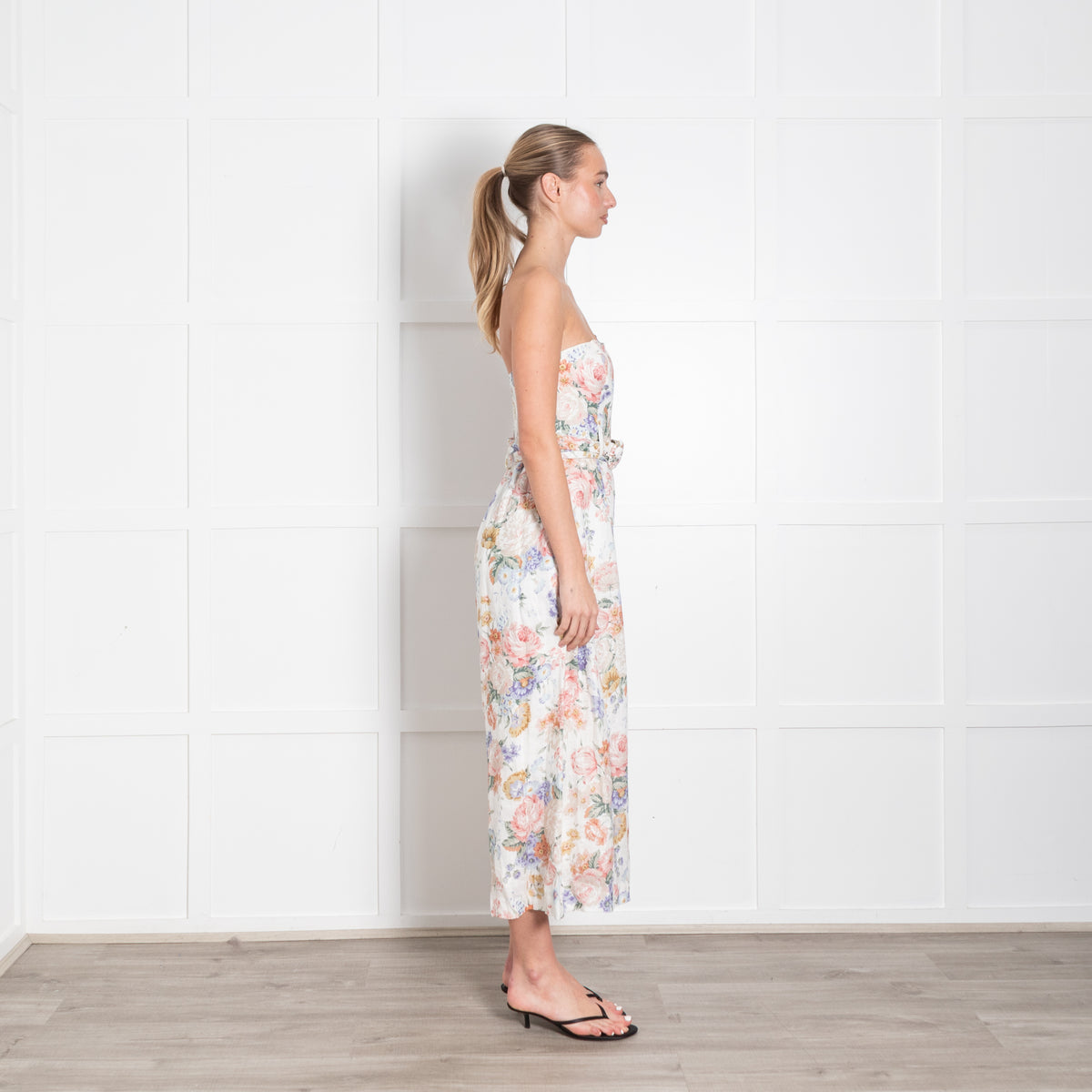 Zimmermann Cream Multi Colour Bowie Linen Strapless Jumpsuit