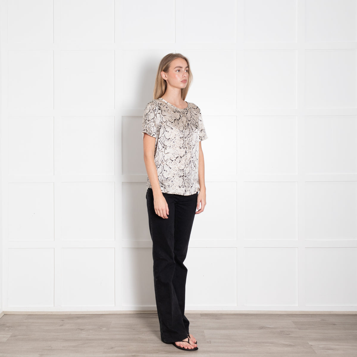 Equipment Cream Brown Silk Satin Snake Print Short Sleeve Top