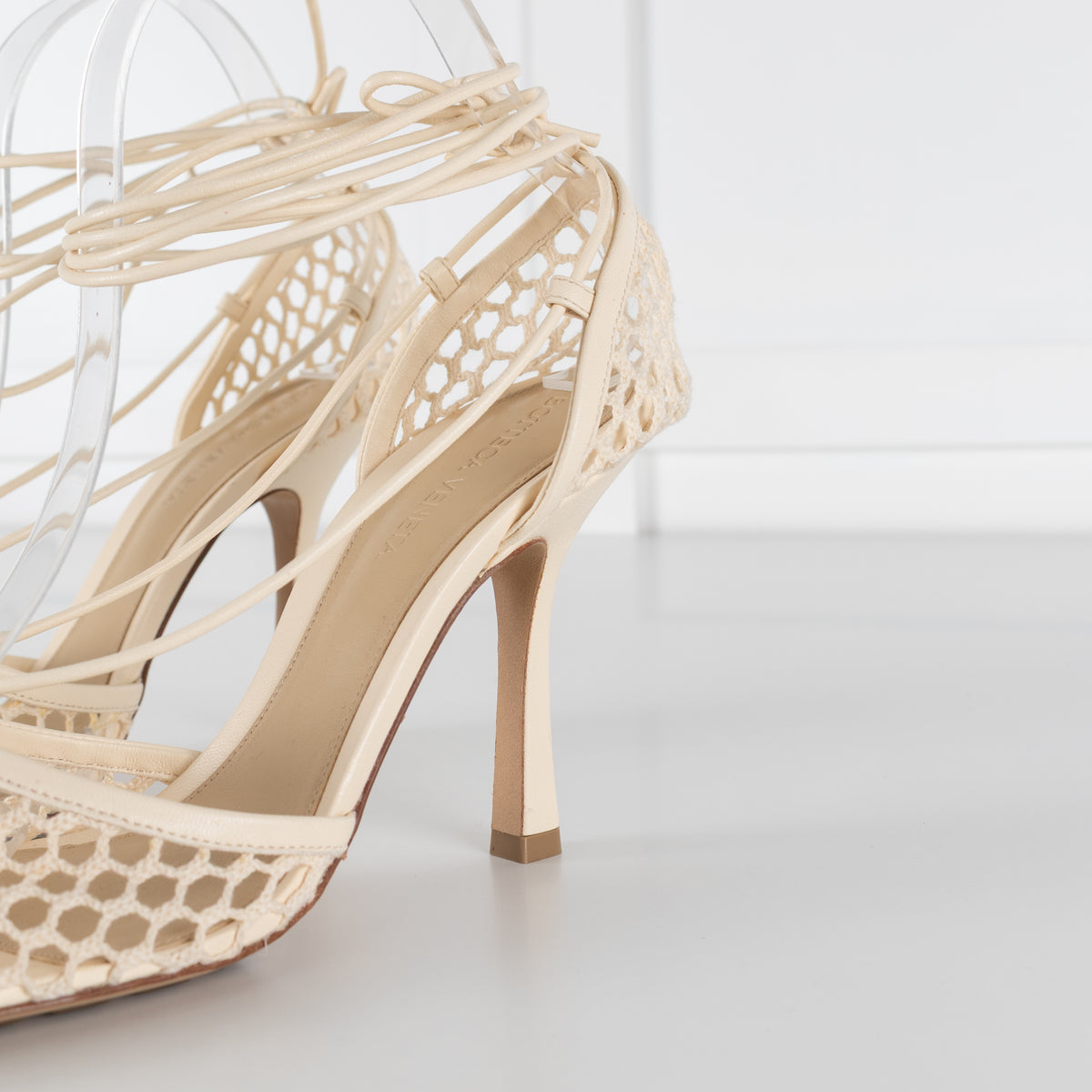 Bottega Veneta Cream Crochet Strappy Heels with Square Toe