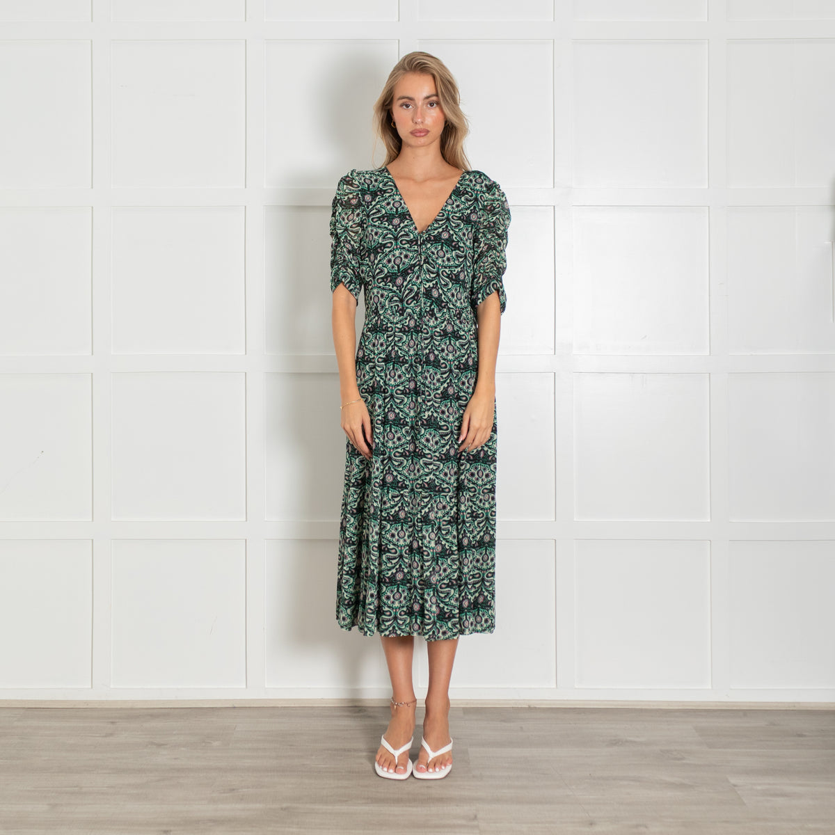 BA&SH Green Patterned Gathered Sleeve Lady Midi Dress