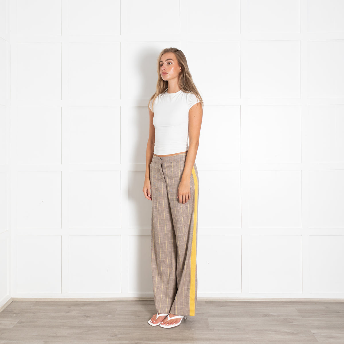 Me + Em Beige Yellow Check Trousers