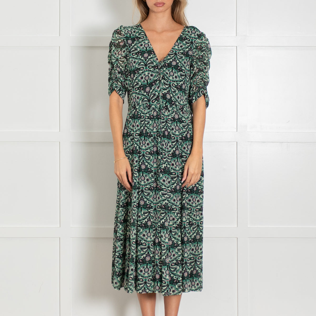 BA&SH Green Patterned Gathered Sleeve Lady Midi Dress