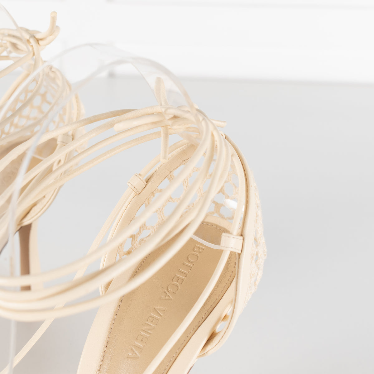 Bottega Veneta Cream Crochet Strappy Heels with Square Toe