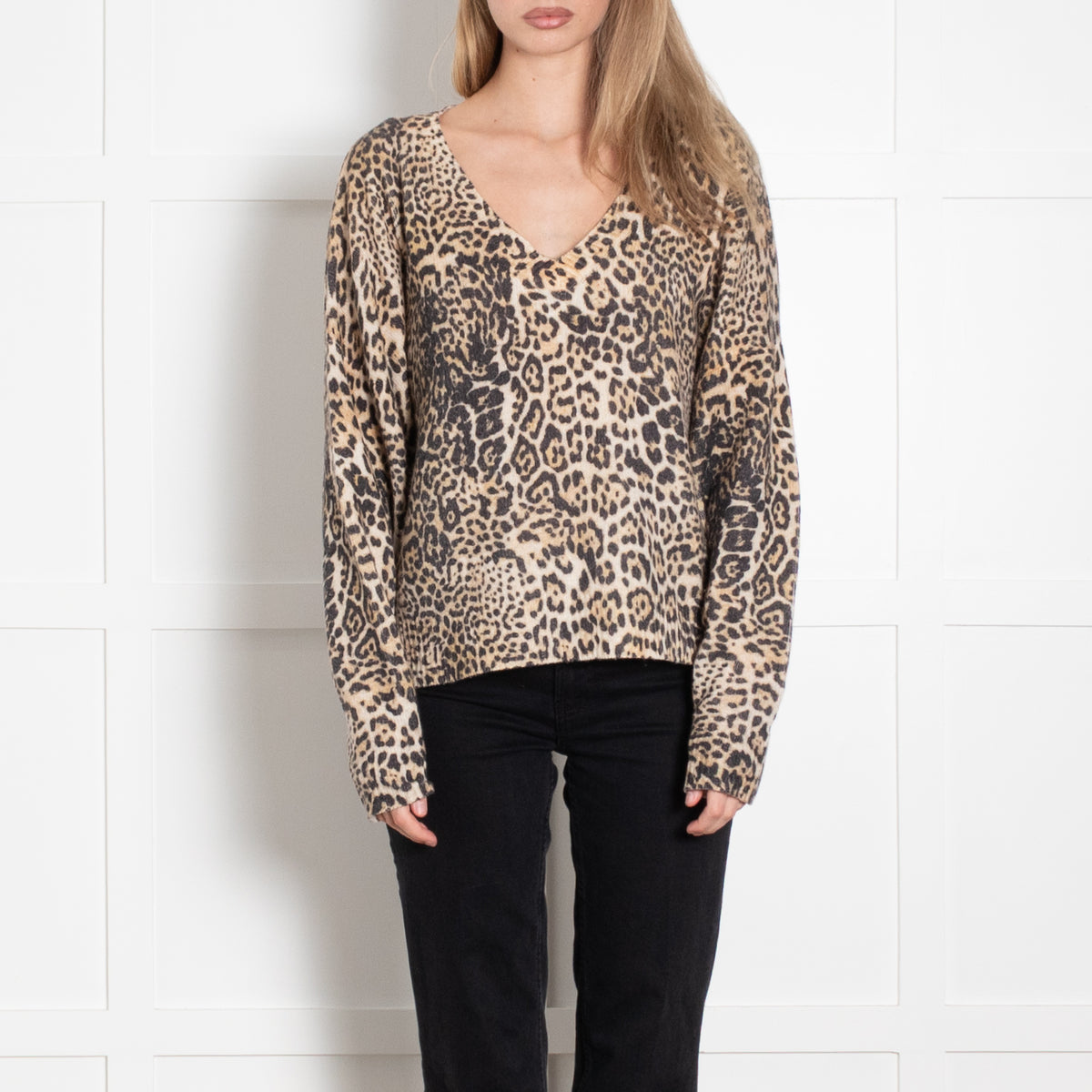 Zadig & Voltaire Preloved Cream Brown Animal Print V-Neck Cashmere Sweater