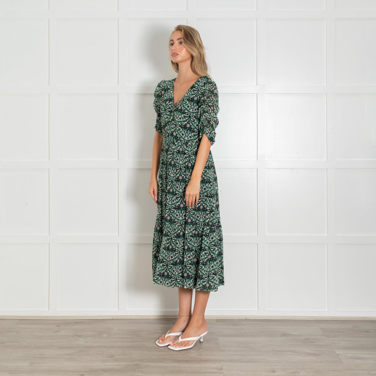 BA&SH Green Patterned Gathered Sleeve Lady Midi Dress