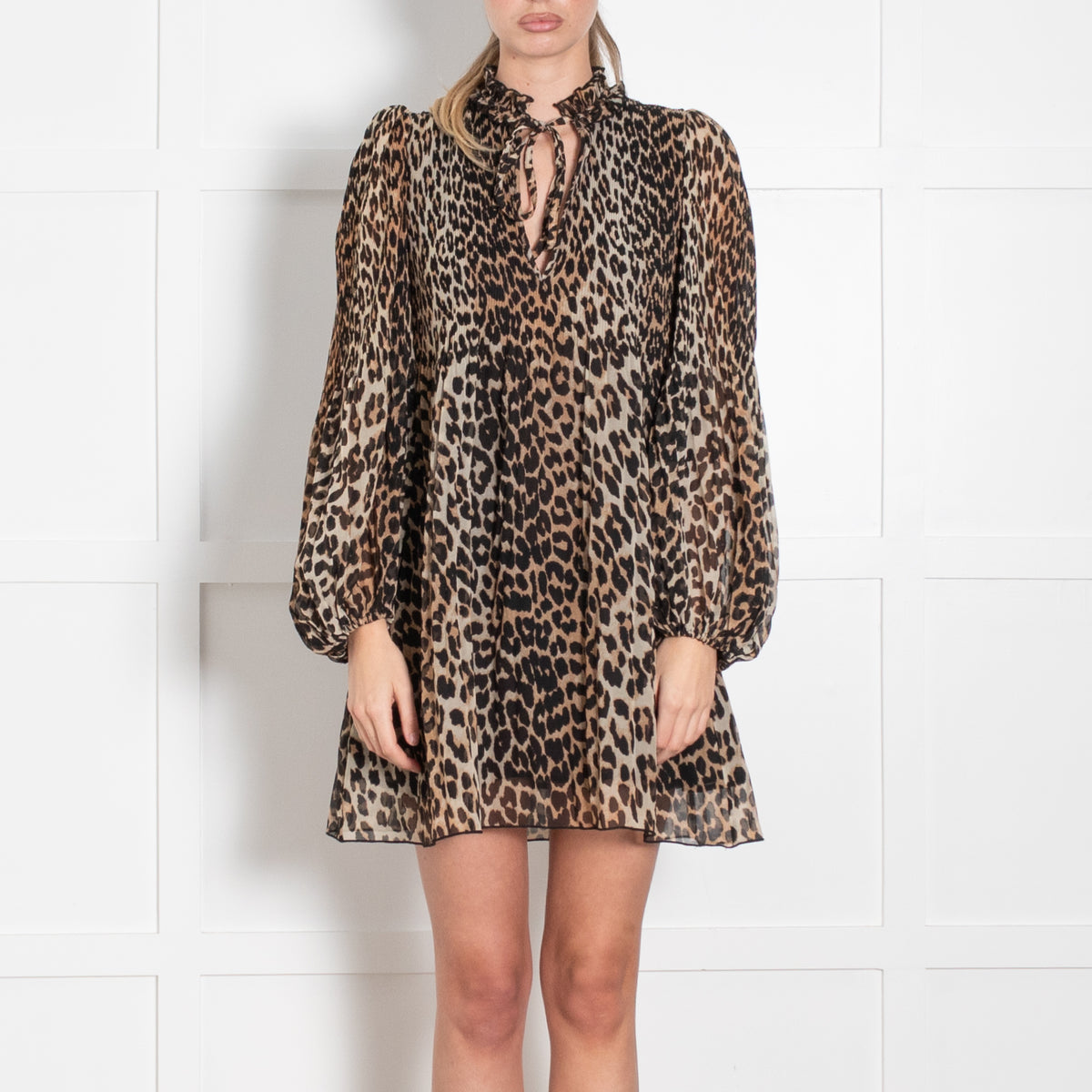 Ganni Brown Animal Print Pleated Detail Long Sleeve Dress