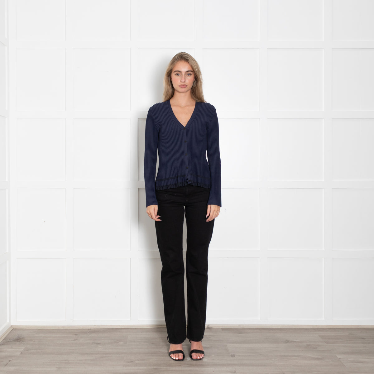 Theory Navy Ribbed Cardigan with Frill Trim