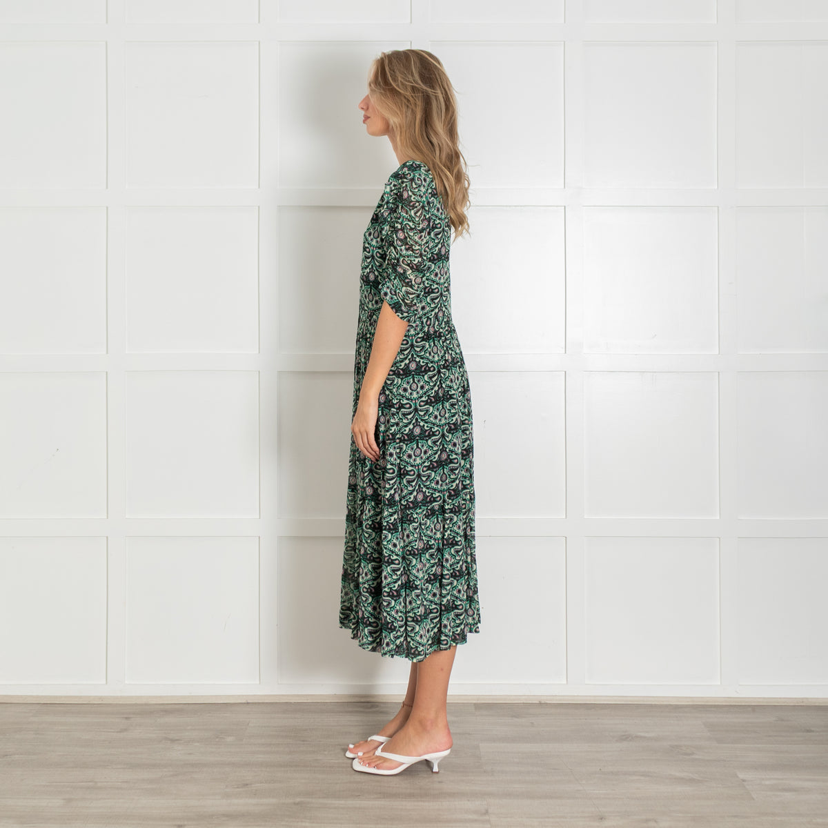 BA&SH Green Patterned Gathered Sleeve Lady Midi Dress
