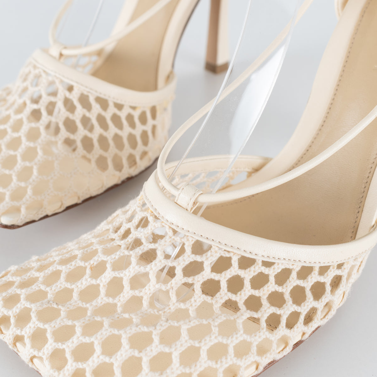 Bottega Veneta Cream Crochet Strappy Heels with Square Toe