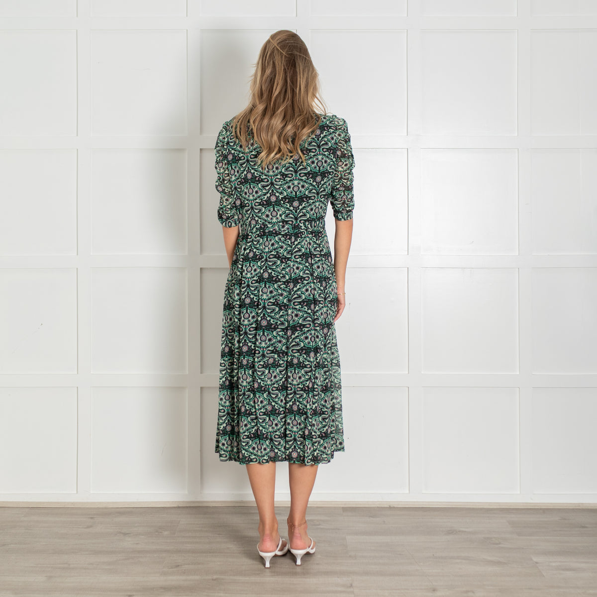 BA&SH Green Patterned Gathered Sleeve Lady Midi Dress