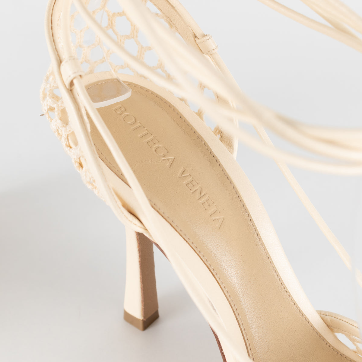 Bottega Veneta Cream Crochet Strappy Heels with Square Toe