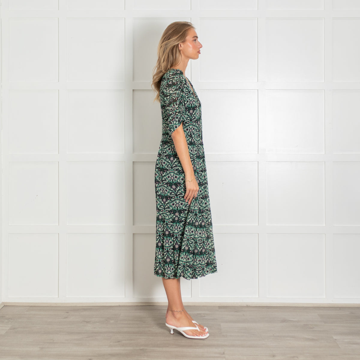 BA&SH Green Patterned Gathered Sleeve Lady Midi Dress
