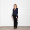 Theory Navy Ribbed Cardigan with Frill Trim