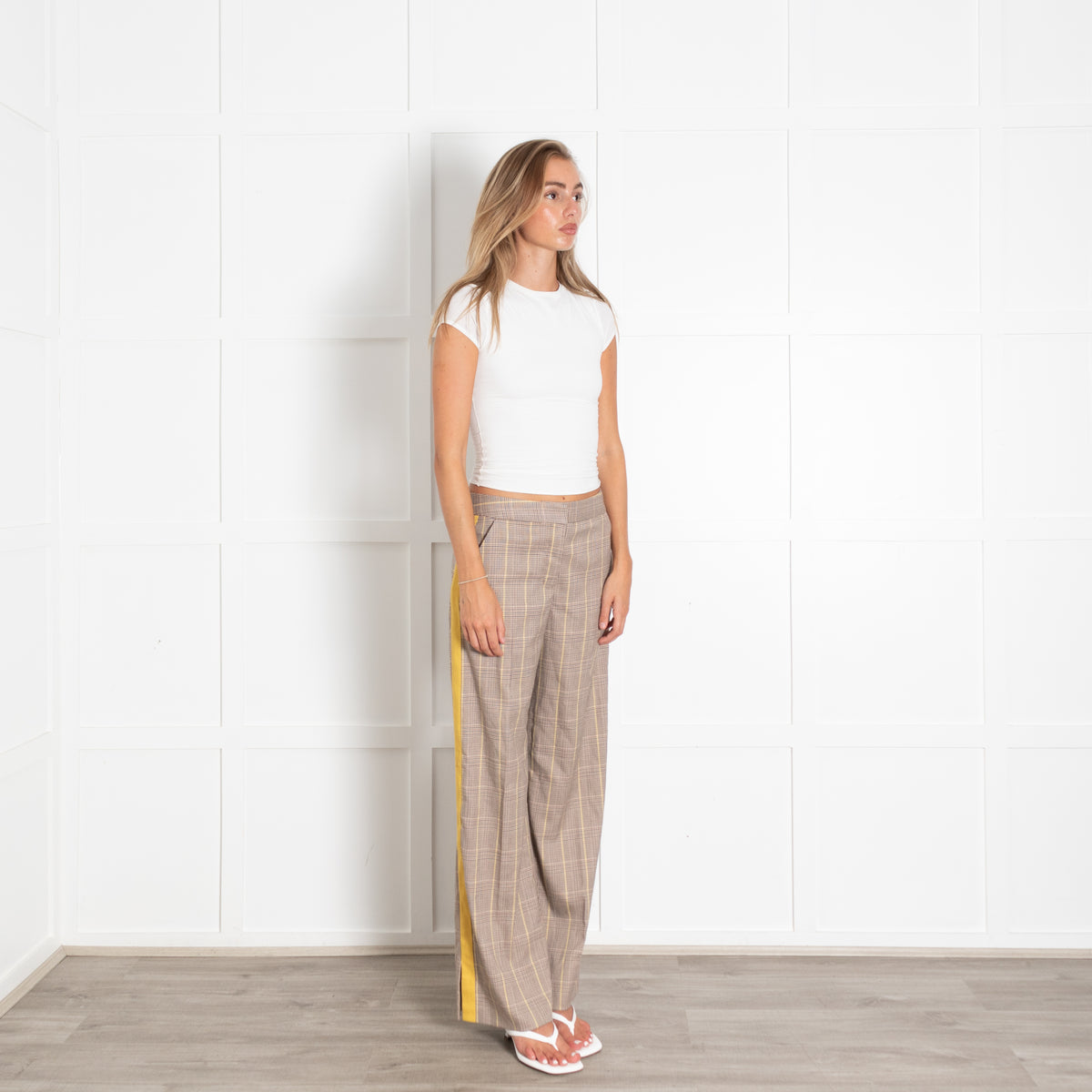 Me + Em Beige Yellow Check Trousers