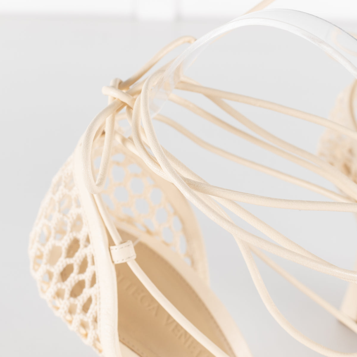 Bottega Veneta Cream Crochet Strappy Heels with Square Toe