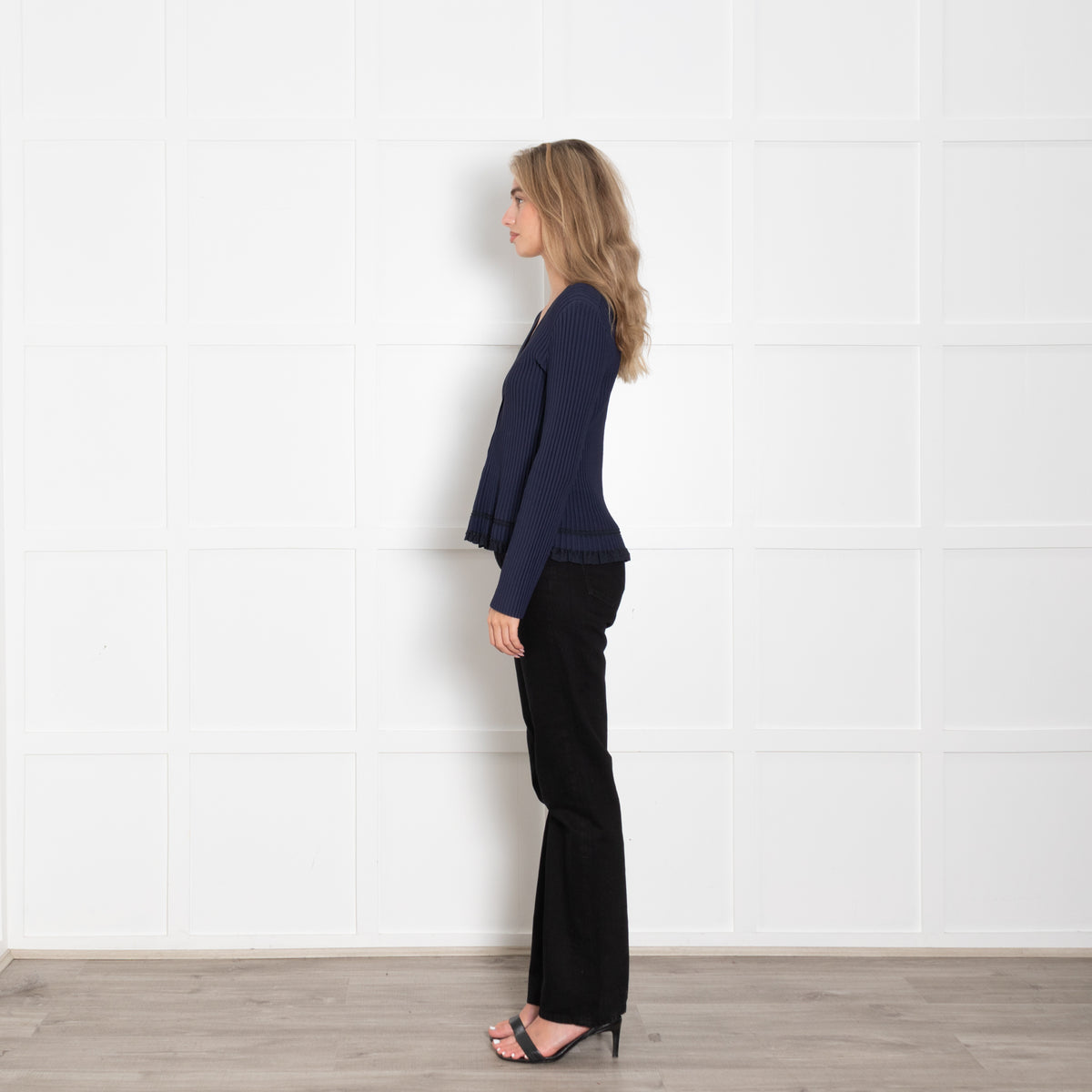 Theory Navy Ribbed Cardigan with Frill Trim