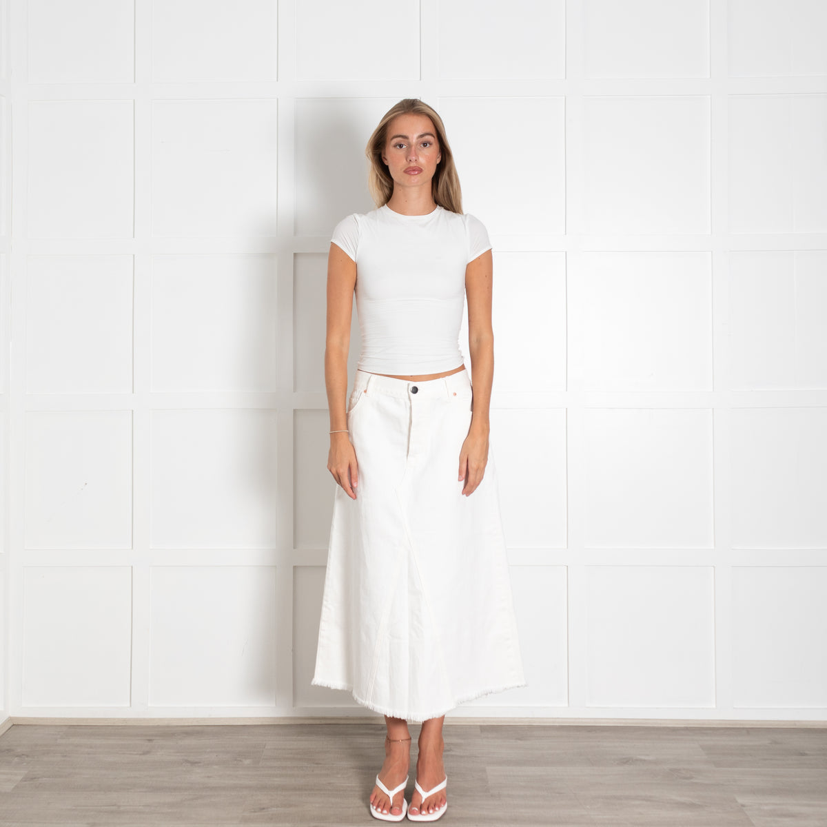 Raey Cream Denim A-Line Midi Skirt
