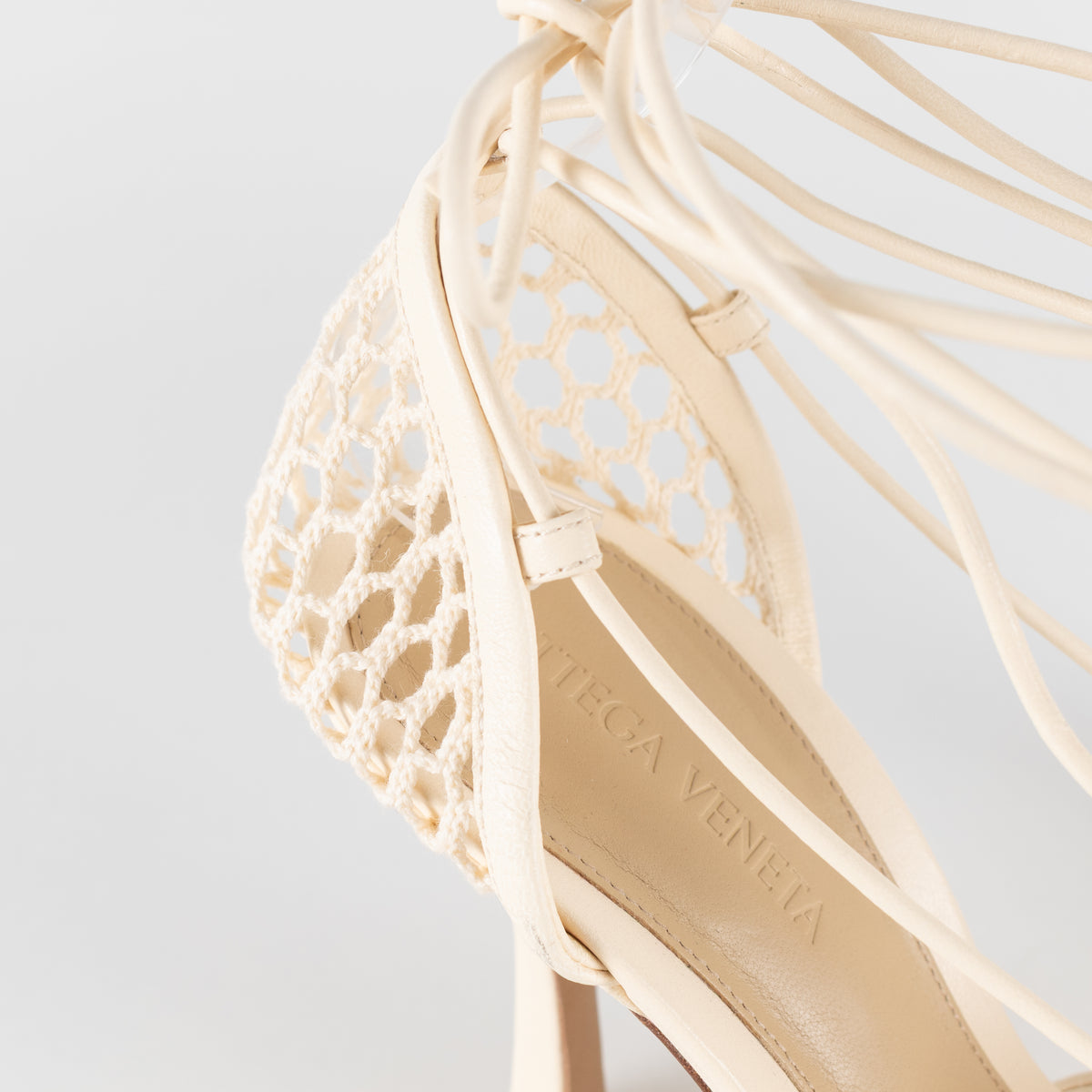 Bottega Veneta Cream Crochet Strappy Heels with Square Toe