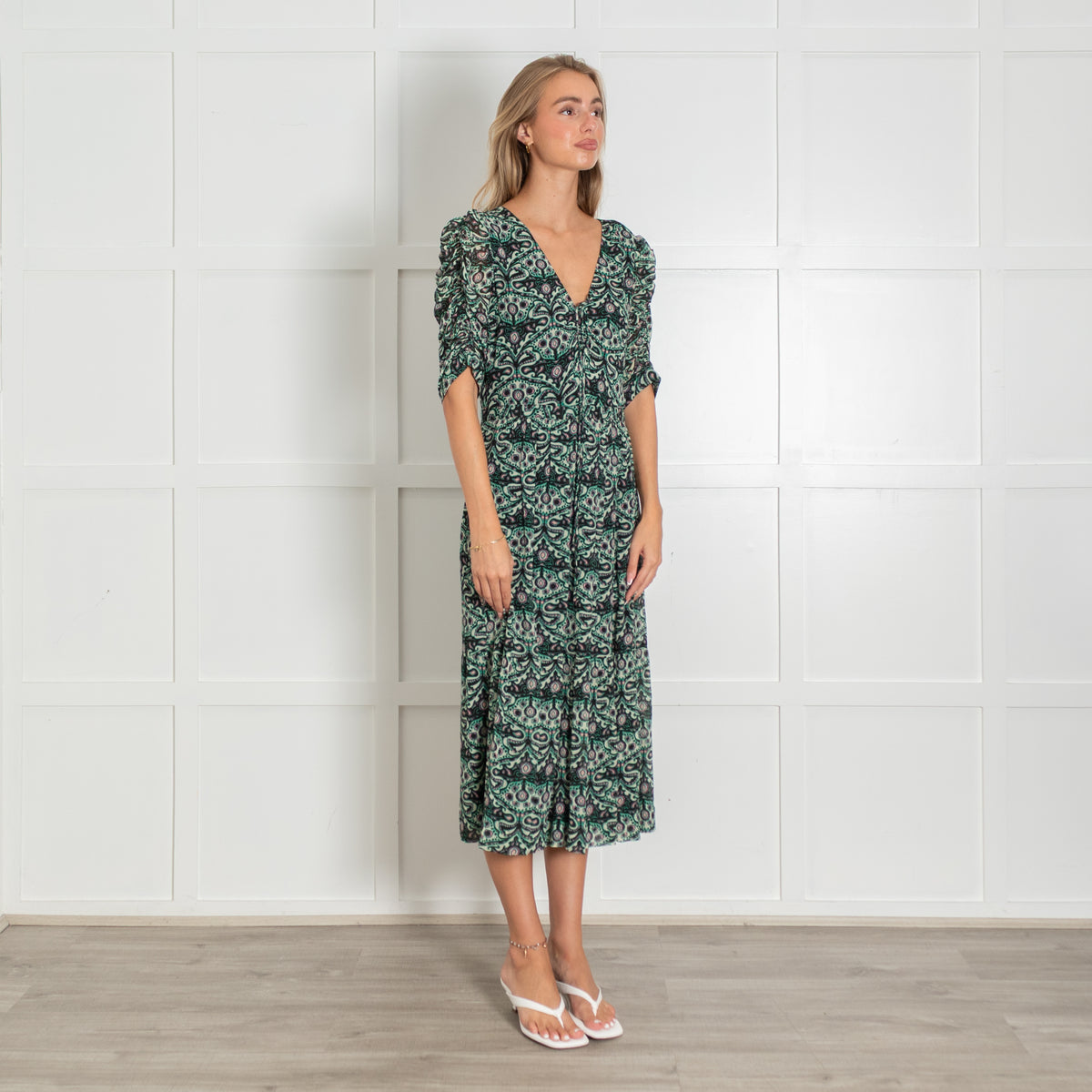 BA&SH Green Patterned Gathered Sleeve Lady Midi Dress