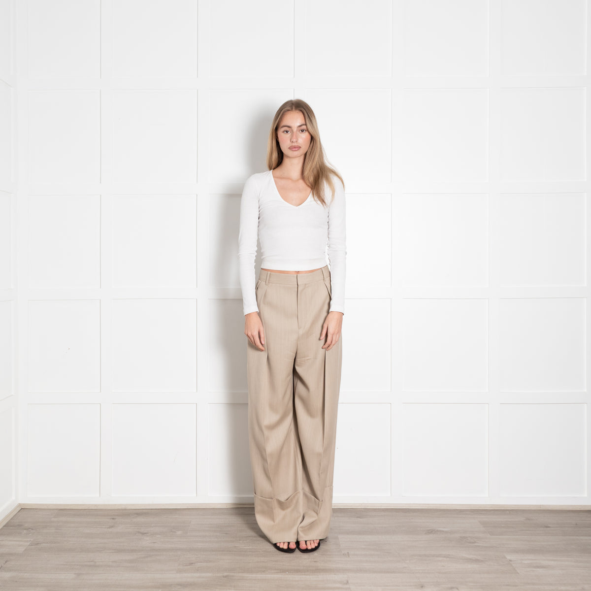 Victoria Beckham Beige Wide Leg Pleat Front Trouser With Turn Up