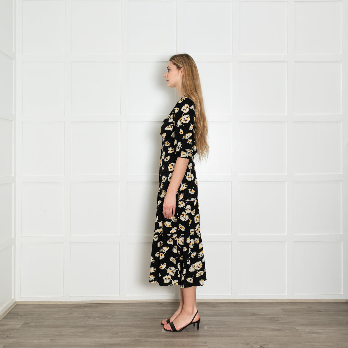 Ba&sh Black Cream Yellow Floral Button Up Front Dress