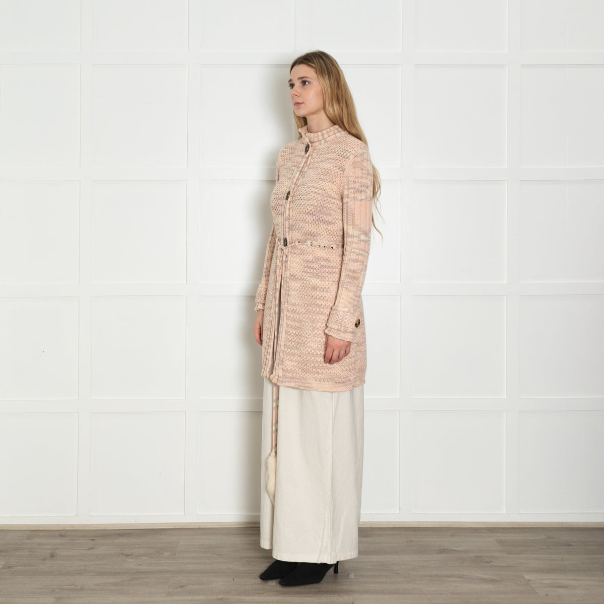 Missoni Pink Waffle Knit with Tied Waist Cardigan with Mink Trim
