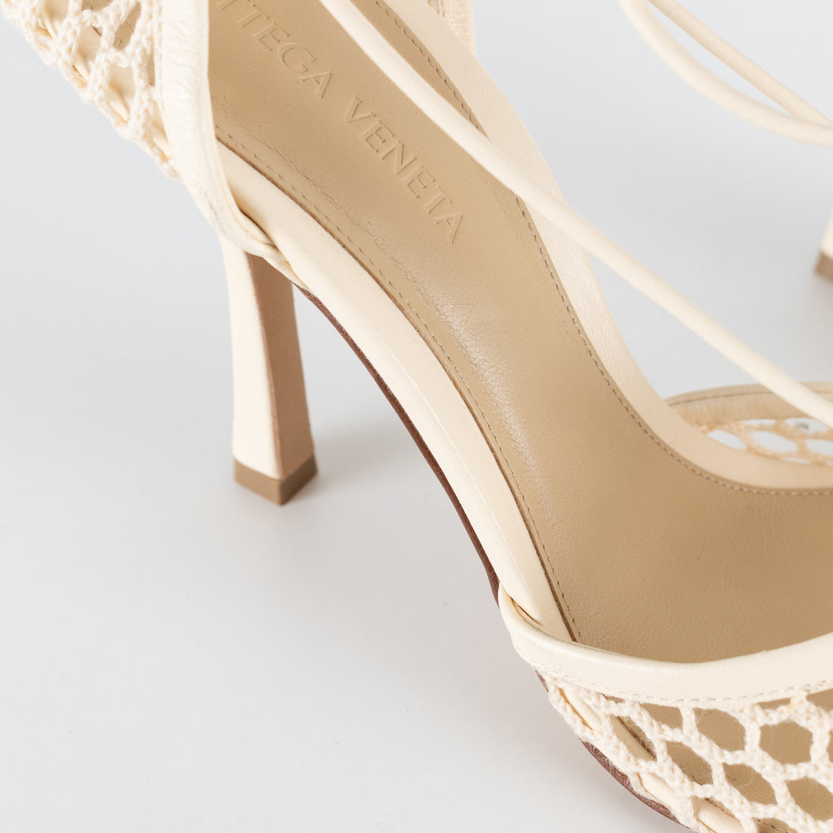 Bottega Veneta Cream Crochet Strappy Heels with Square Toe
