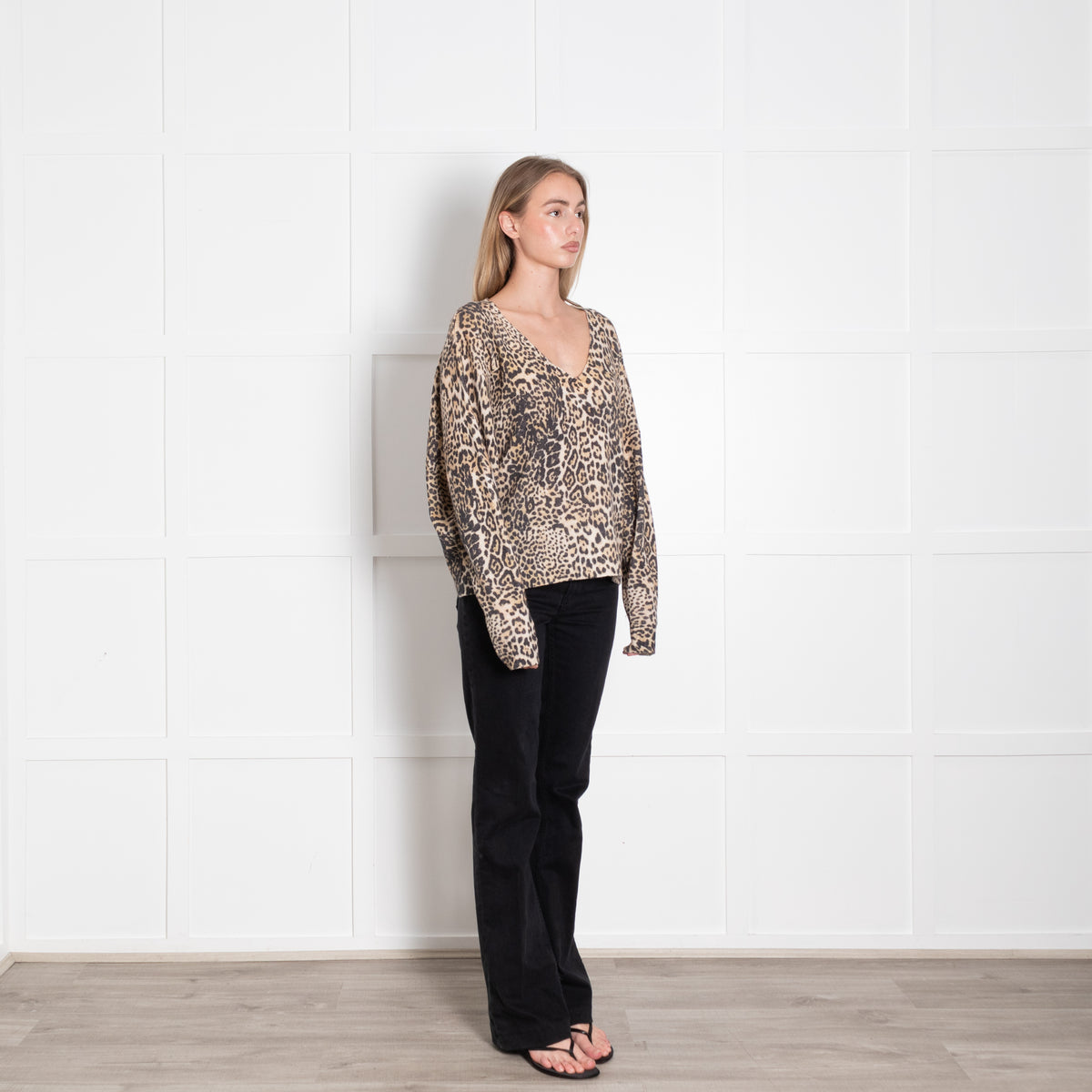 Zadig & Voltaire Preloved Cream Brown Animal Print V-Neck Cashmere Sweater
