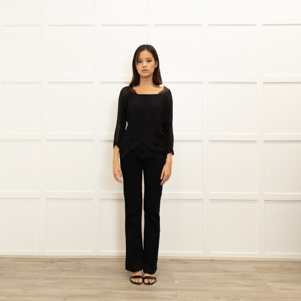 Sandro Black Lace Trim V-Neck Top