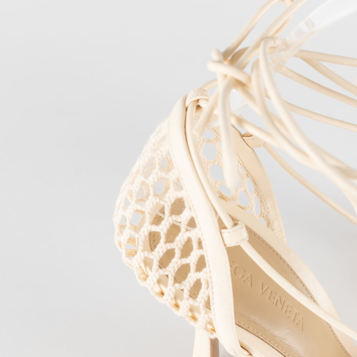Bottega Veneta Cream Crochet Strappy Heels with Square Toe