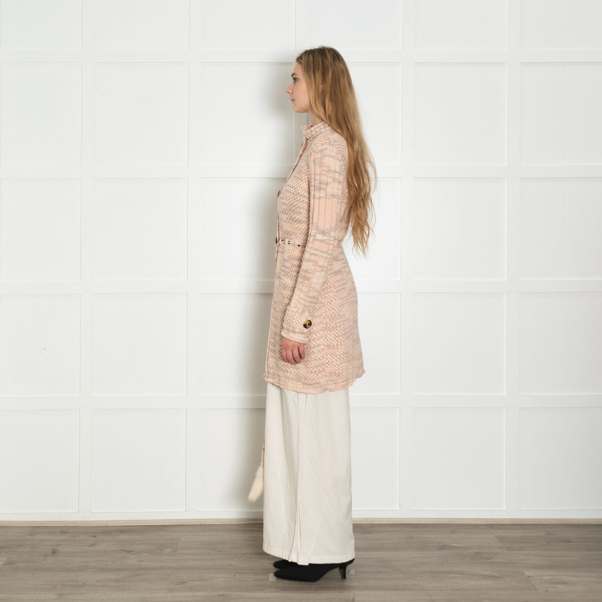 Missoni Pink Waffle Knit with Tied Waist Cardigan with Mink Trim