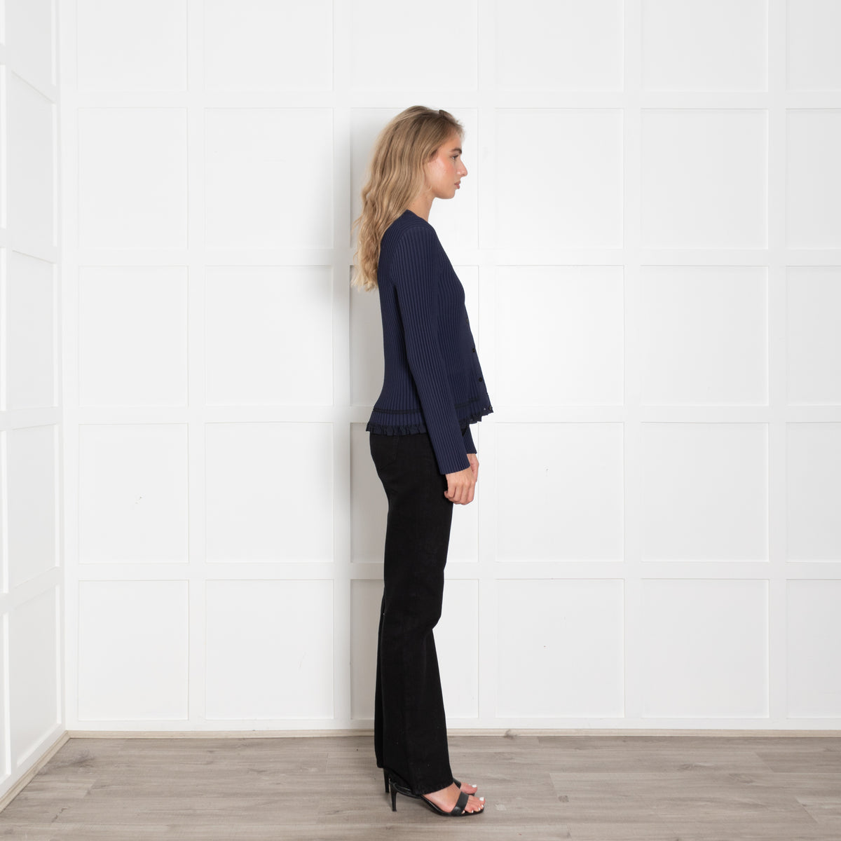 Theory Navy Ribbed Cardigan with Frill Trim