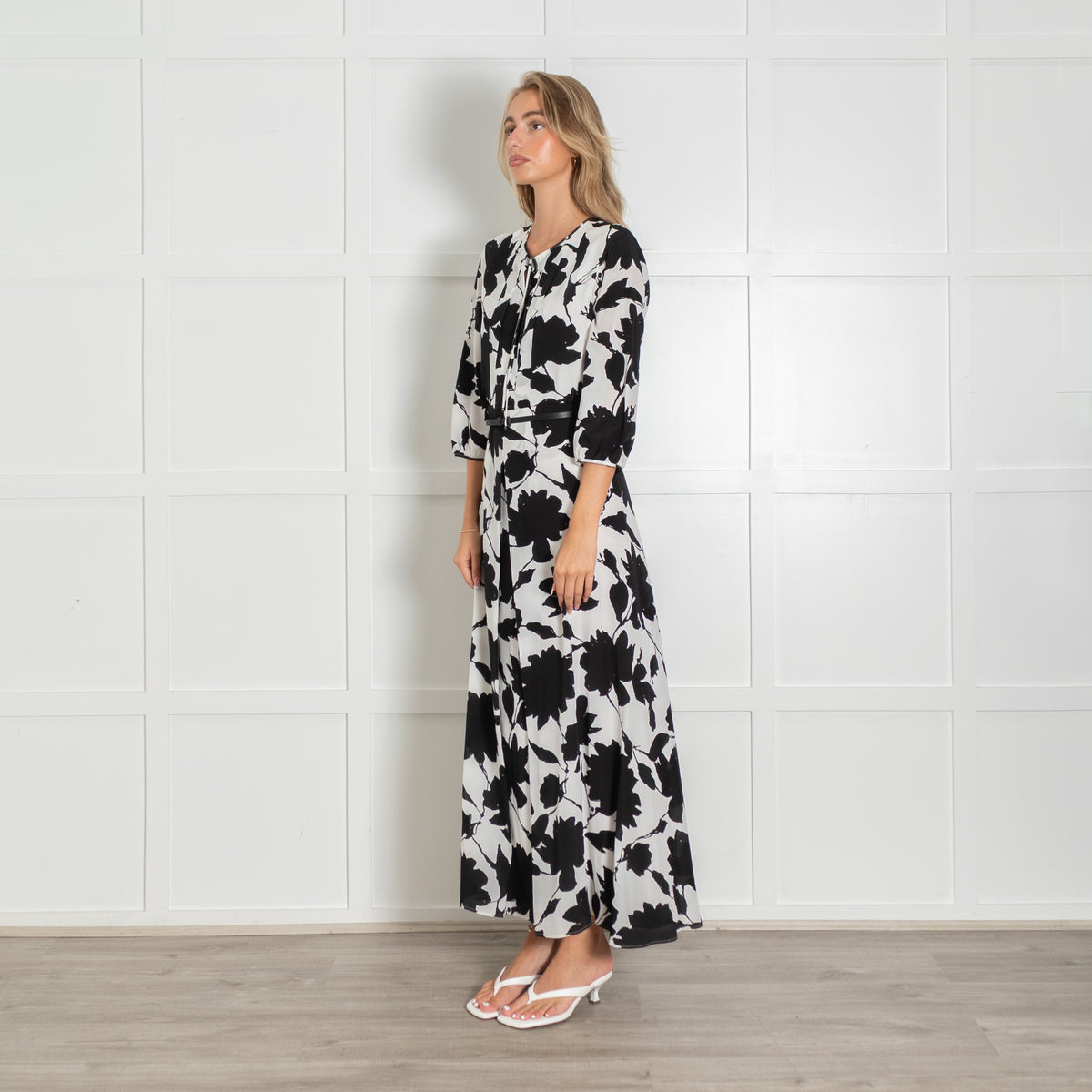 Max Mara Studio Black and White Belted Maxi Dress