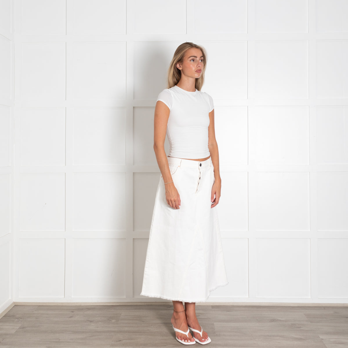 Raey Cream Denim A-Line Midi Skirt