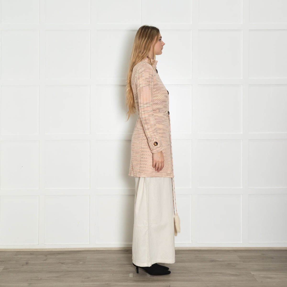 Missoni Pink Waffle Knit with Tied Waist Cardigan with Mink Trim
