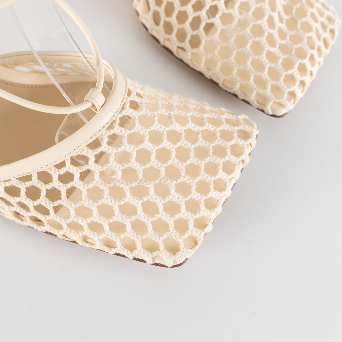 Bottega Veneta Cream Crochet Strappy Heels with Square Toe