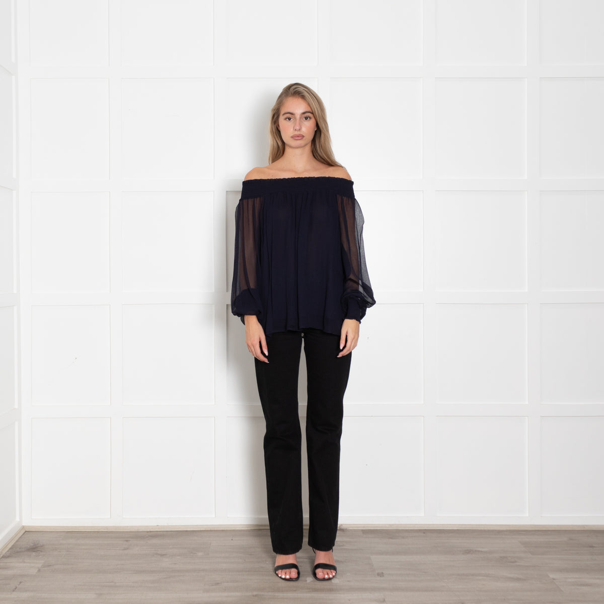 Dea Kudibal Navy Sheer Smocked Shoulder Blouse