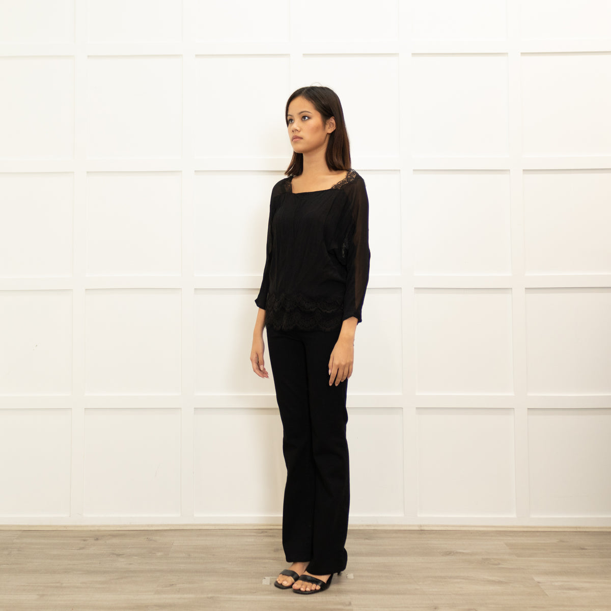Sandro Black Lace Trim V-Neck Top